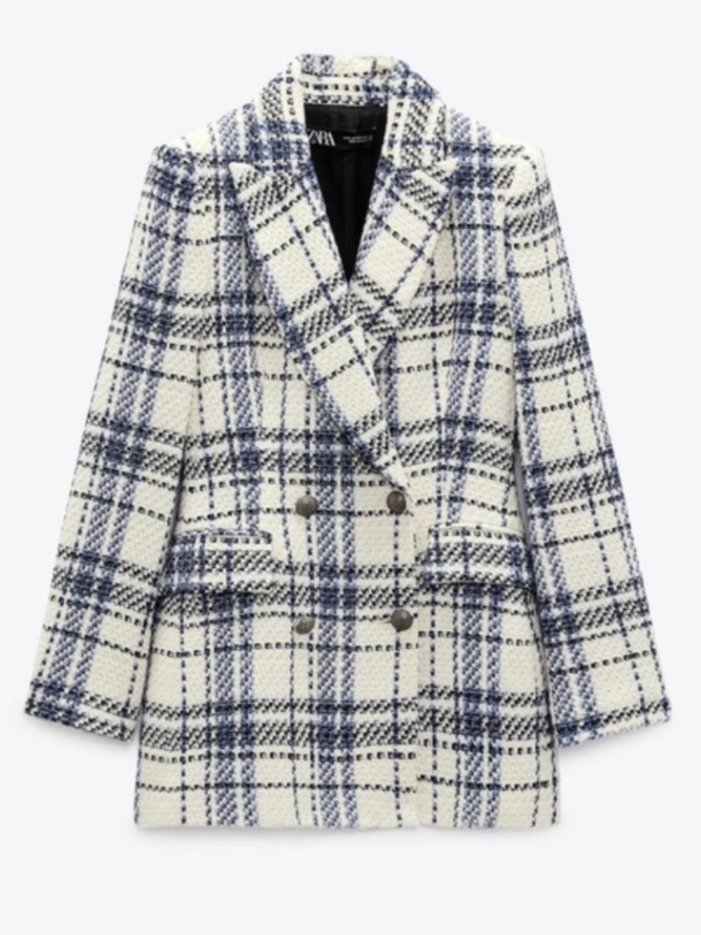 NEW! Zara Cream and Navy Checked Double Breasted Tweed Blazer Size XS